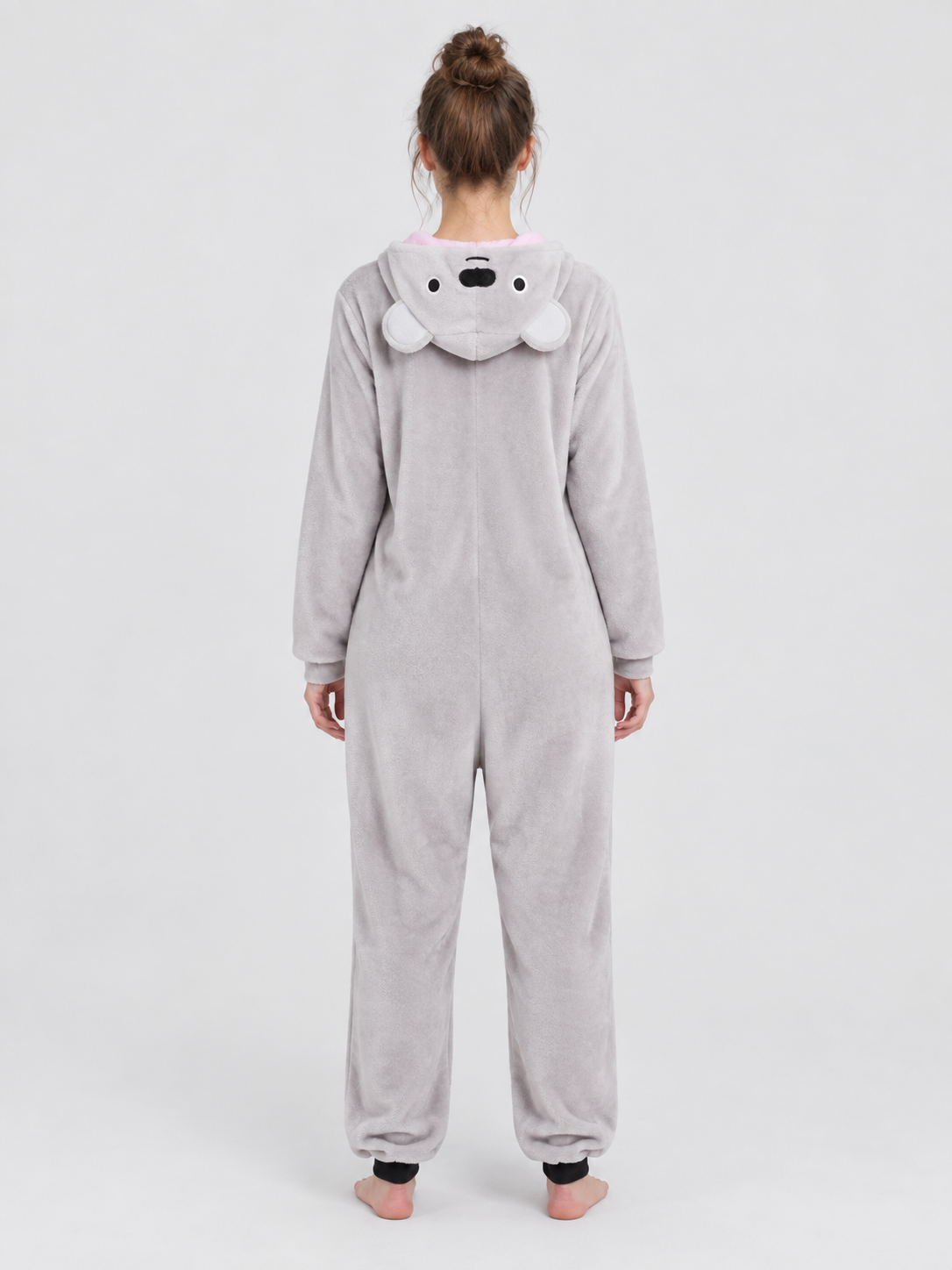 Gray fleece hooded pajama jumpsuit with ears