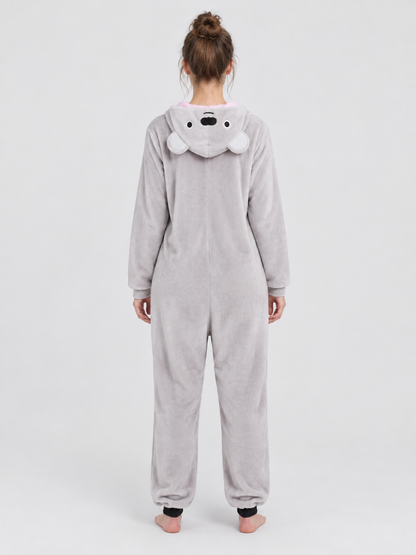 Gray fleece hooded pajama jumpsuit with ears