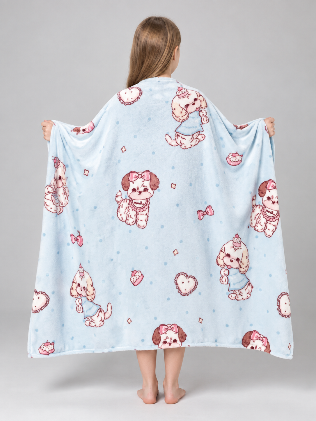 Reversible Light Blue Blanket with Dogs and Hearts