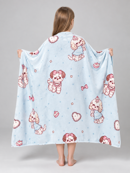 Reversible Light Blue Blanket with Dogs and Hearts