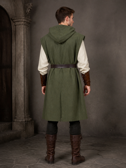 Medieval Fantasy Role Play Costume Set, 2-Piece Olive Green Hooded Sleeveless back view