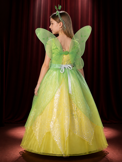 Girl's Princess Dress Costume, Layered Gown with Leaf and Star Sequins back view