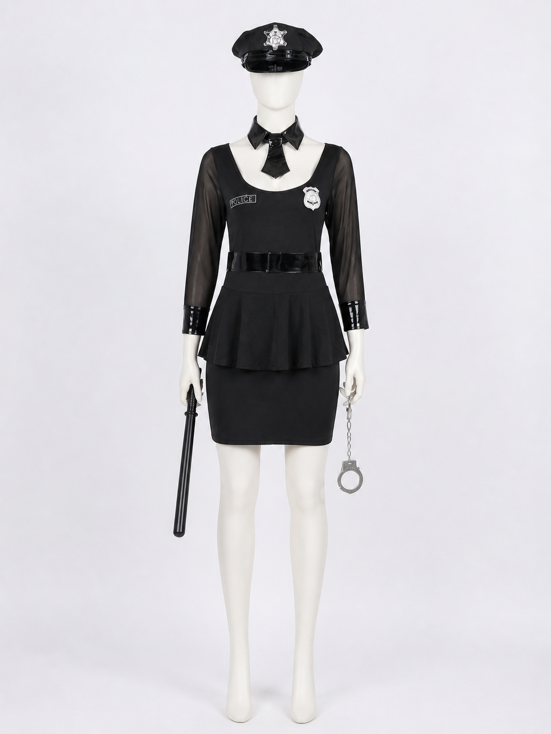 Women's Black Police Officer Costume Dress with Belt Hat Handcuffs Baton, Sexy back view