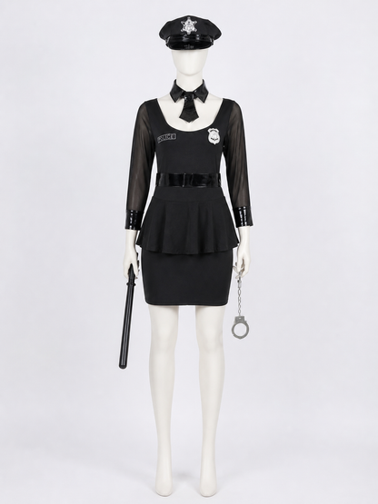 Women's Black Police Officer Costume Dress with Belt Hat Handcuffs Baton, Sexy back view