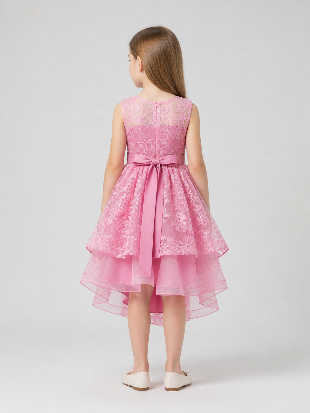 Pink Princess Dress with Bow and Lace Embroidery back view