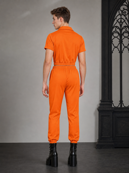 Women’s Halloween Prison-Inspired Costume Two-Piece Set with Collared Tie-Front Top and Jogger Pants for Cosplay Parties