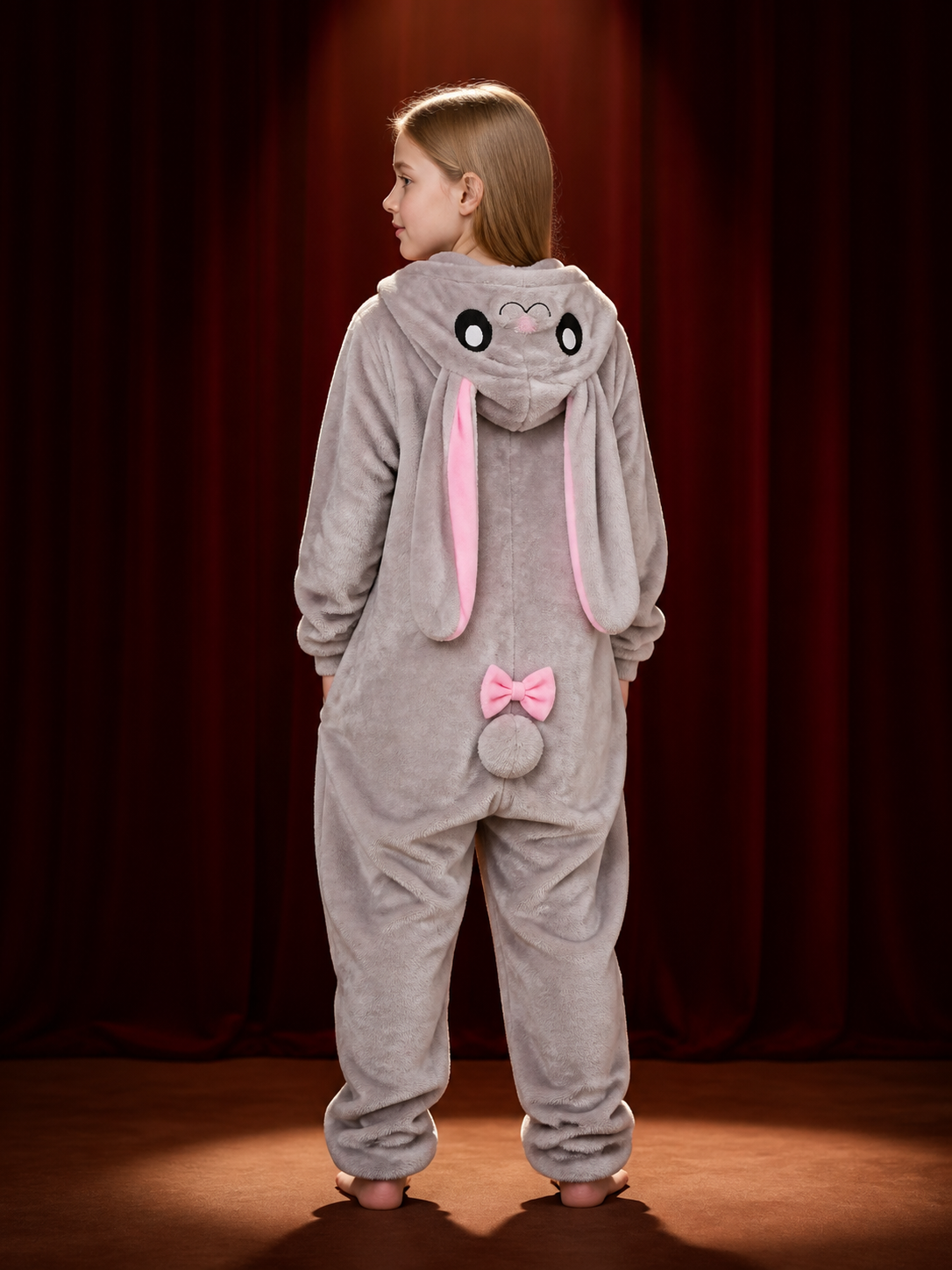 Gray Rabbit Hooded Jumpsuit Costume, Long-Ear Cartoon Animal One-Piece Outfit back view