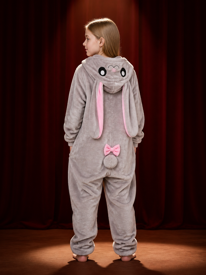 Gray Rabbit Hooded Jumpsuit Costume, Long-Ear Cartoon Animal One-Piece Outfit back view