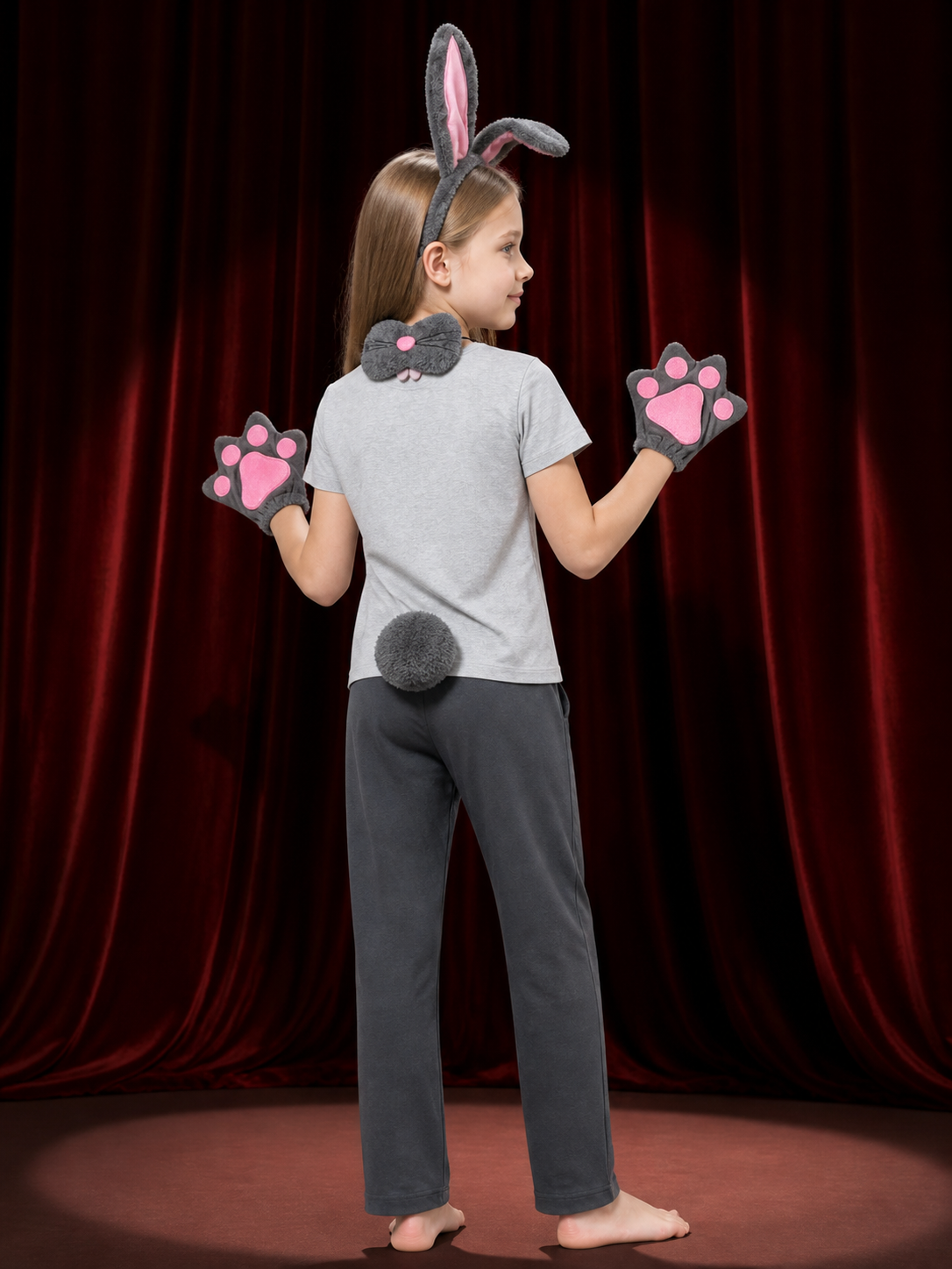 Girls' Gray Rabbit Costume Accessory Set With Ears, Paw Gloves, Bow Tie And Tail back view