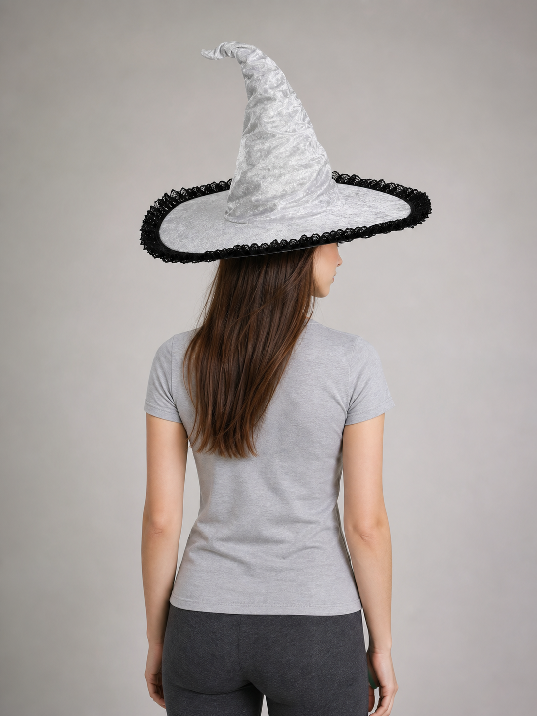 Light Gray White Halloween Witch Hat with Black Lace Trim, Tall Bent Pointed Crown and Wide Brim for Witch Cosplay Costume Party