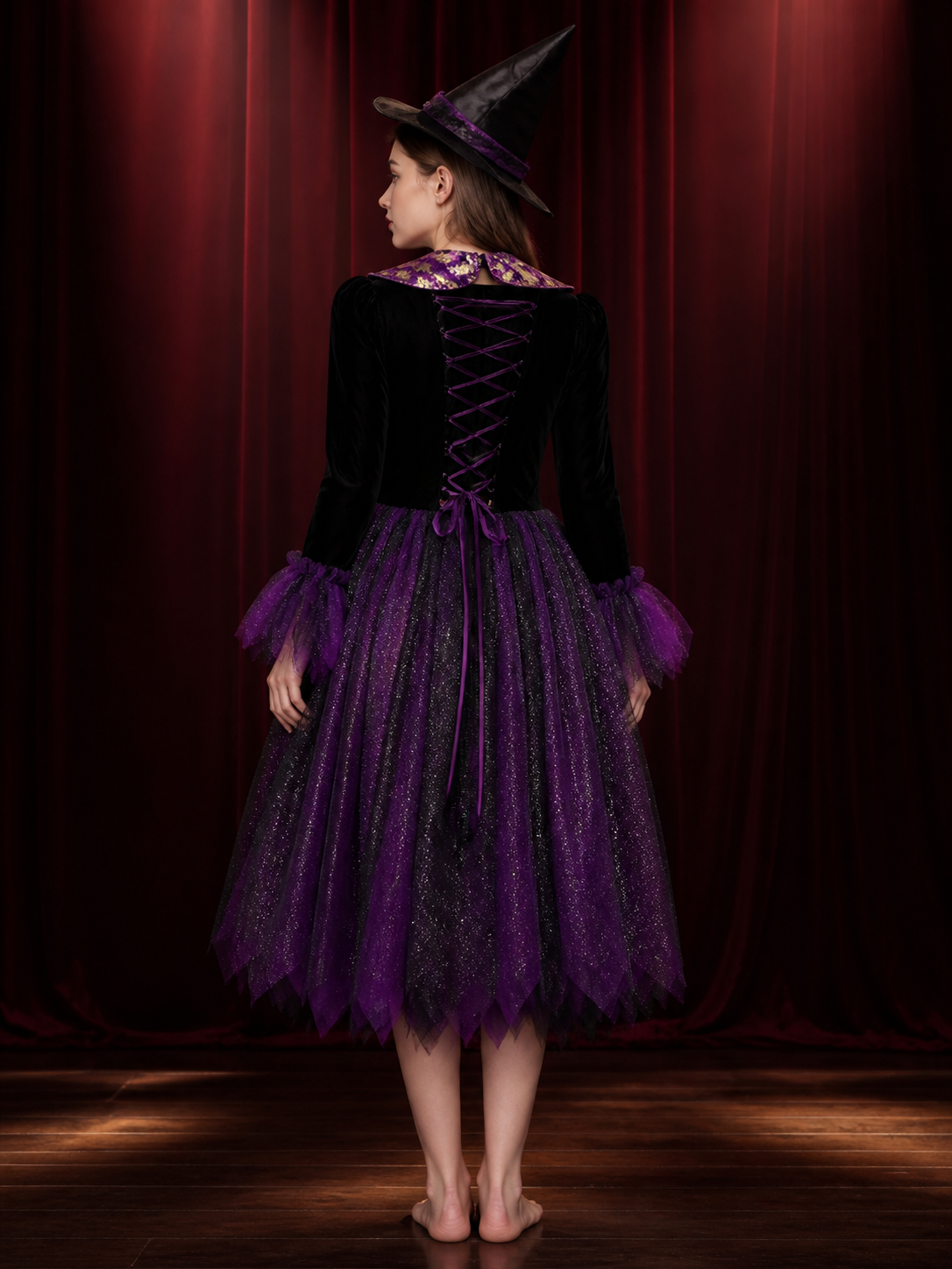 Adult and Kids Witch Costume Dress With Sparkling Purple-Black Fluffy Skirt back view