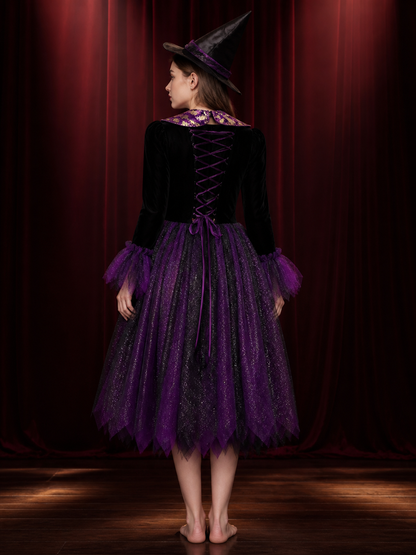 Adult and Kids Witch Costume Dress With Sparkling Purple-Black Fluffy Skirt back view