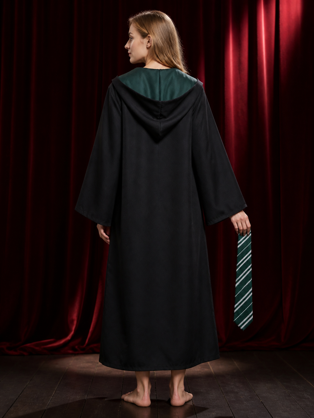 Slytherin Wizard Robe and Tie Costume Set with Hooded Cloak back view