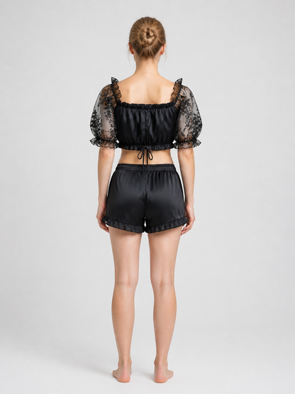 Black Top with Sheer Floral Sleeves back view