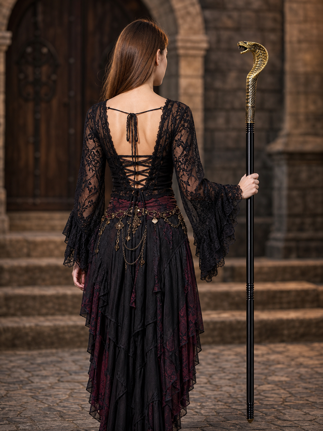 Back view of a woman in a black and burgundy dress holding the black cane beside her