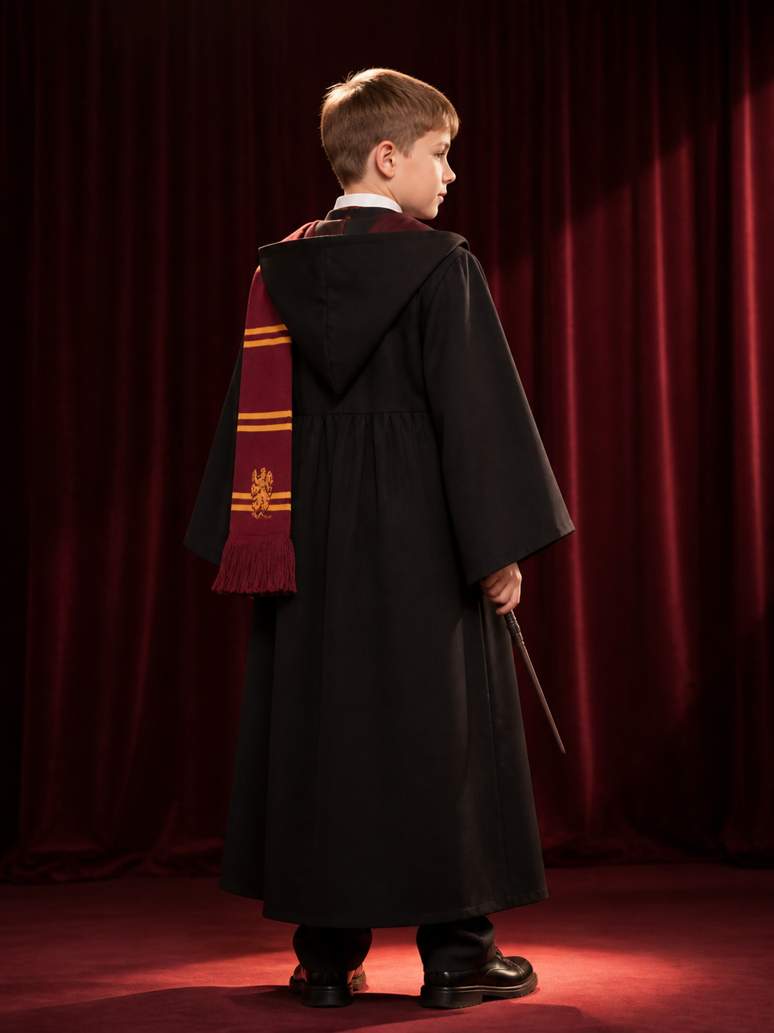 Hooded Wizard Robe Costume Set With School Crest, Tie, Scarf, Vest And Wand back view
