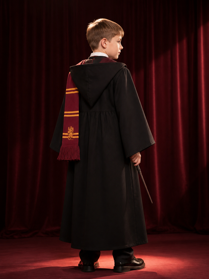 Hooded Wizard Robe Costume Set With School Crest, Tie, Scarf, Vest And Wand back view