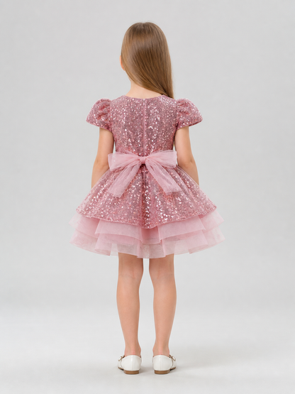 Girls' Sequin Party Dress with Bow for Birthdays back view