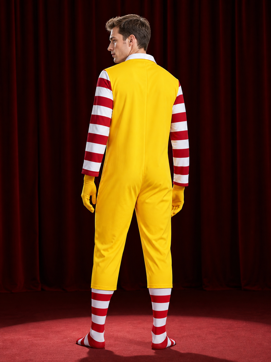 Clown Circus Costume Set, Red White Striped Top, Yellow Jumpsuit and Gloves