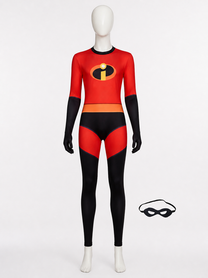 Red Black Superhero Bodysuit Costume with Mask for Halloween Cosplay back view