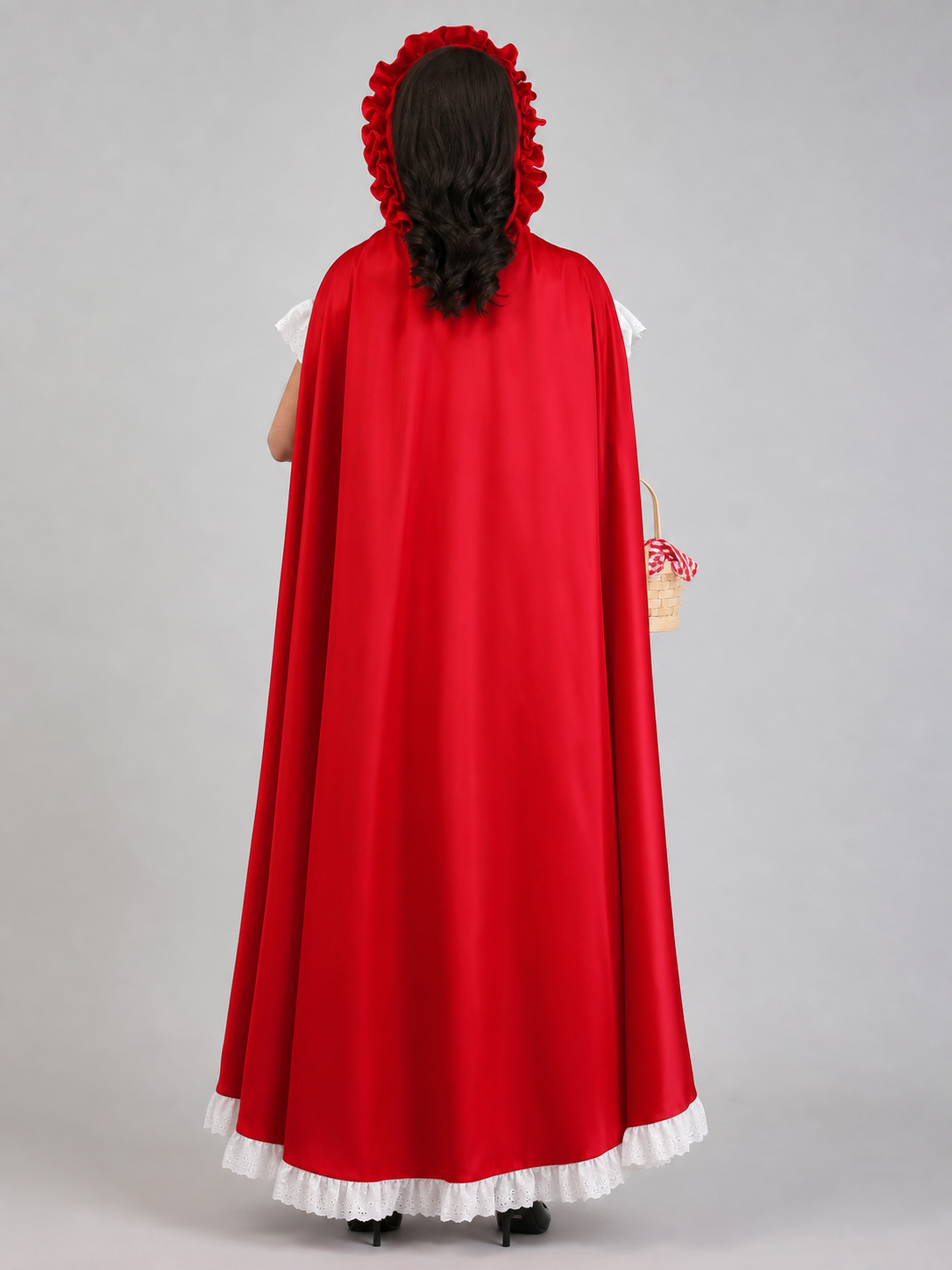 Red Riding Hood costume set designed as a dress with a cape, suitable for stage performances, festive dress-up, and themed cosplay. The set includes a costume combining a red dress with a full silhouette, a white apron-style front, and a re