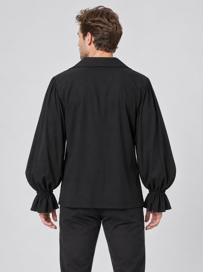 Black Shirt with Puff Sleeves, Ruffles, and Lacing