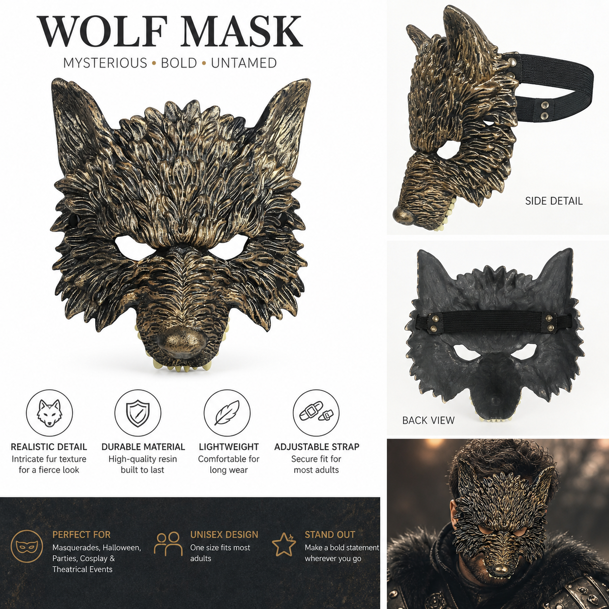 1pc Halloween Wolf Face Mask, Sculpted Fur Texture, Open Eyes, Cosplay Party