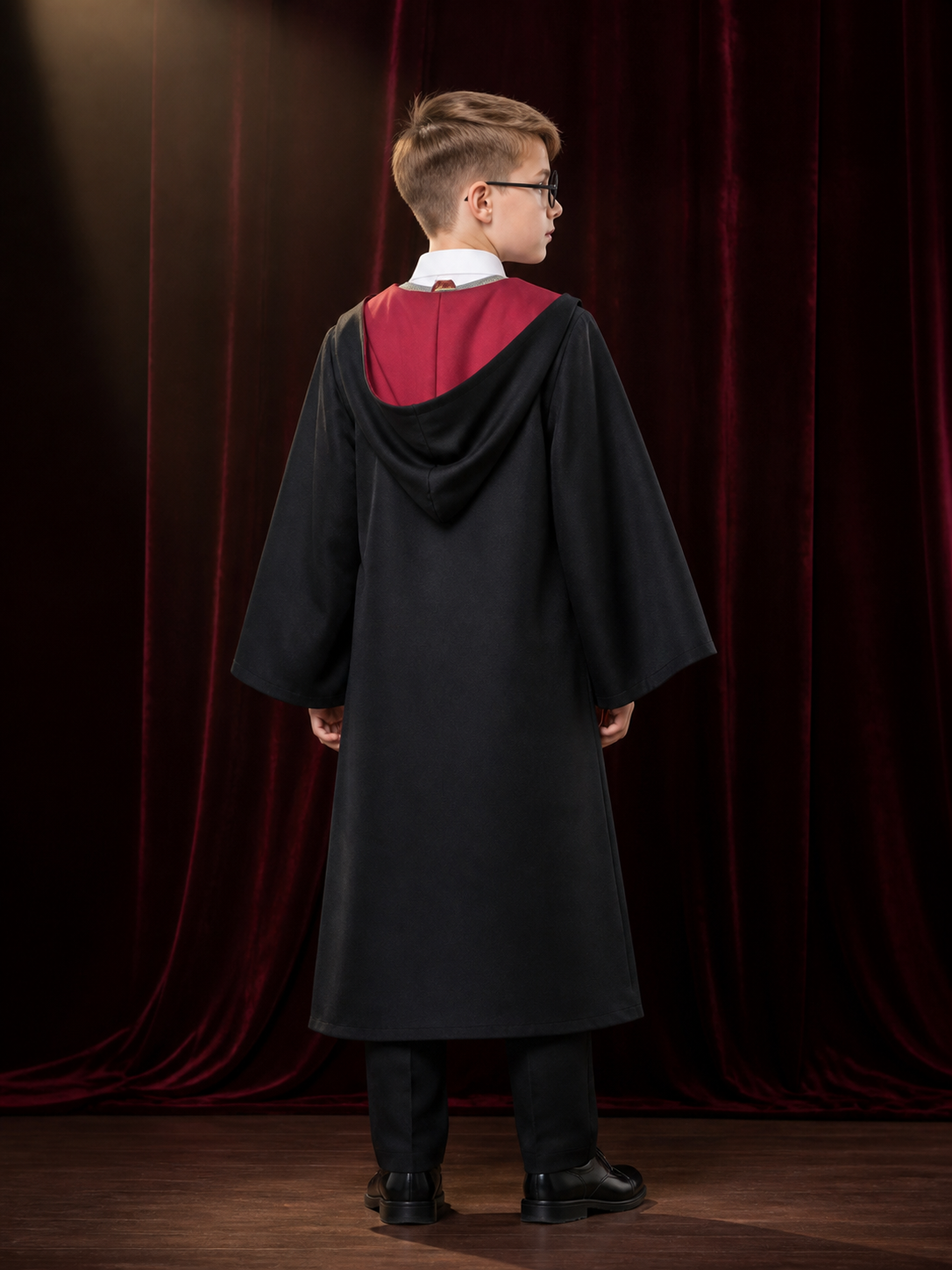 Kids Halloween Wizard Costume Set, Hooded Robe, Vest, Trousers and Round Glasses back view