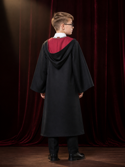 Kids Halloween Wizard Costume Set, Hooded Robe, Vest, Trousers and Round Glasses back view