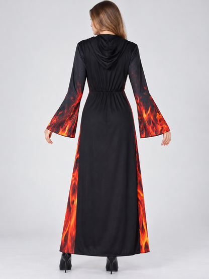 Carnival Dress with Hood, Black with Flame Print