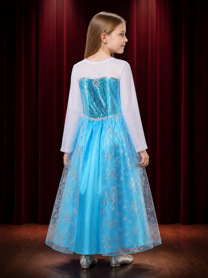 Girls' Snowflake Princess Dress Costume Set, Sequin Mesh Overlay With Long back view