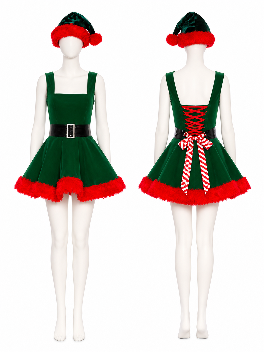 Women's Green Christmas Tree Princess Dress with Red Fur Trim and Black Belt