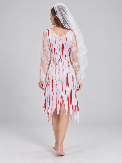 Carnival Costume with Dress, Veil, and Red Stains
