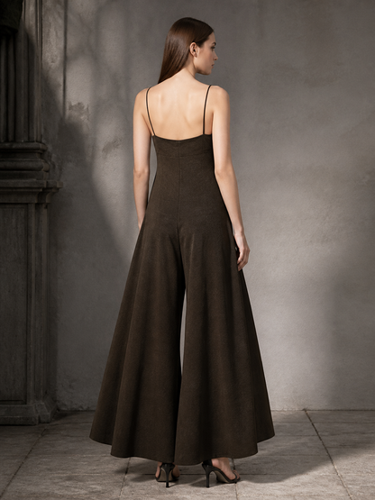 Brown Wide-Leg Suspender Jumpsuit, Full-Length One-Piece Overall With Thin Shoulder Straps, Bib Front And Flared Leg Silhouette