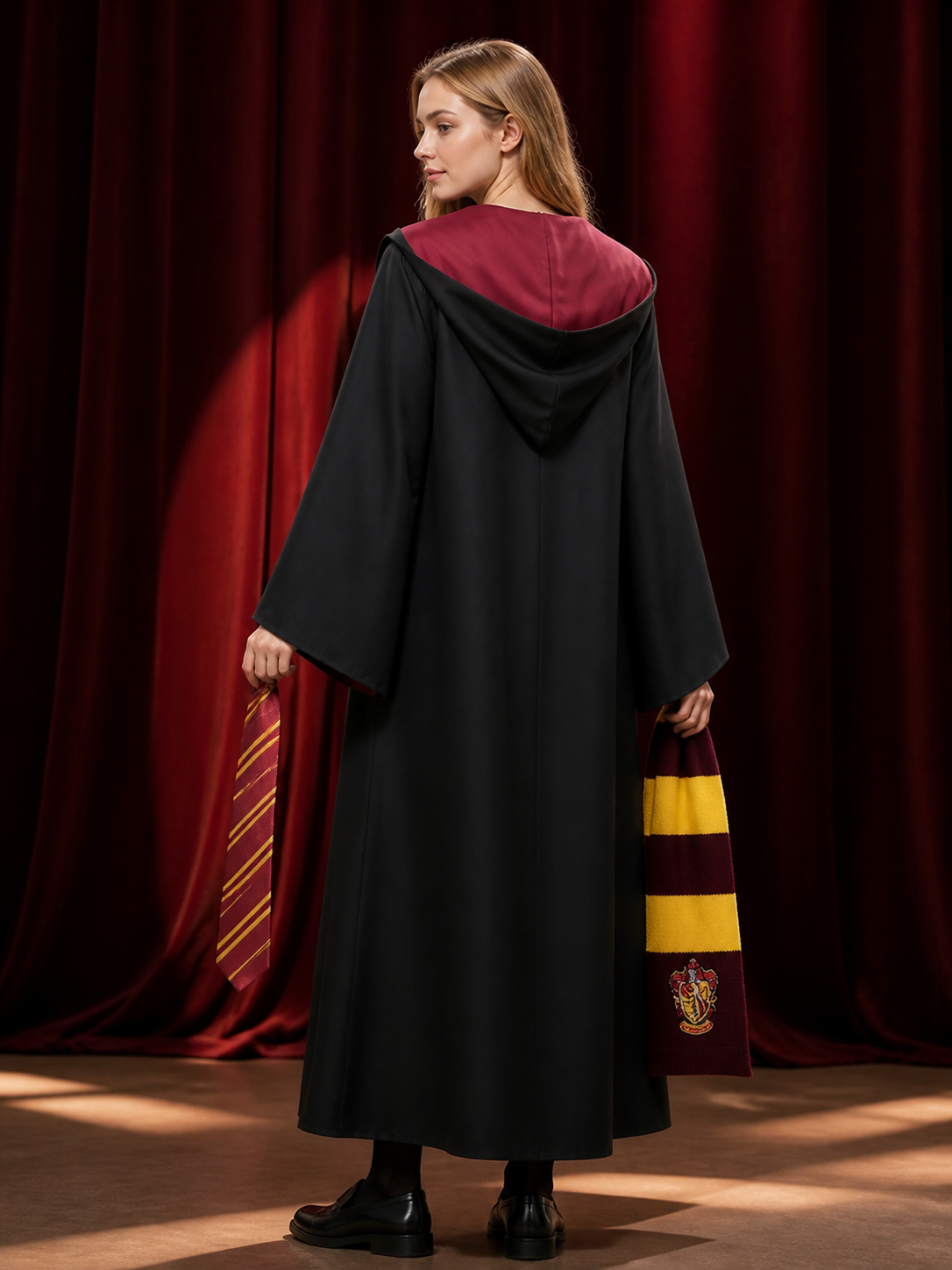 Academy Wizard Robe Costume Set with Red and Yellow Striped Scarf and Tie back view