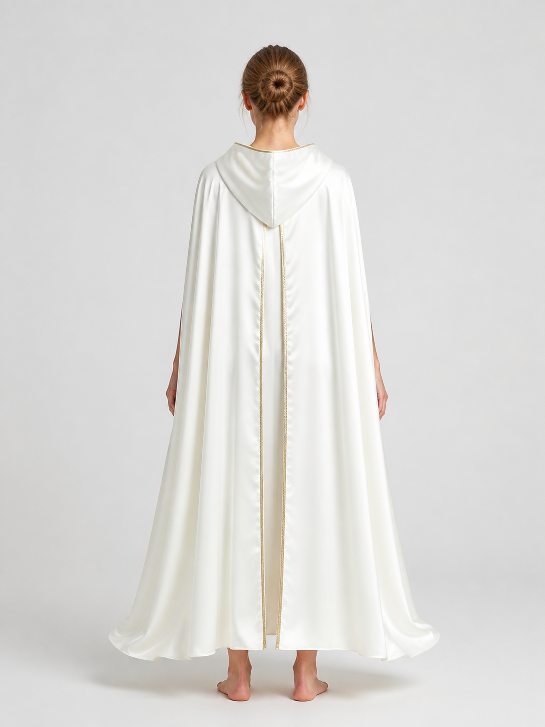White Hooded Cape with Gold Trim for the Stage back view