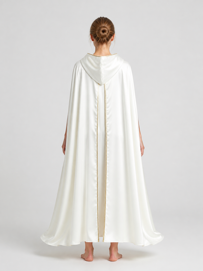 White Hooded Cape with Gold Trim for the Stage back view
