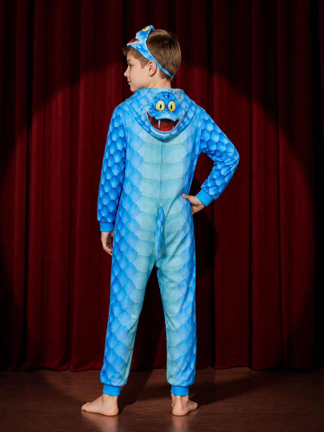 Blue Scaly Monster Hooded Onesie Costume for Kids with Front Zipper and Headband back view