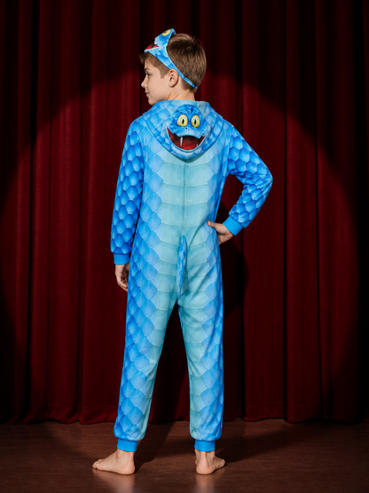 Blue Scaly Monster Hooded Onesie Costume for Kids with Front Zipper and Headband back view