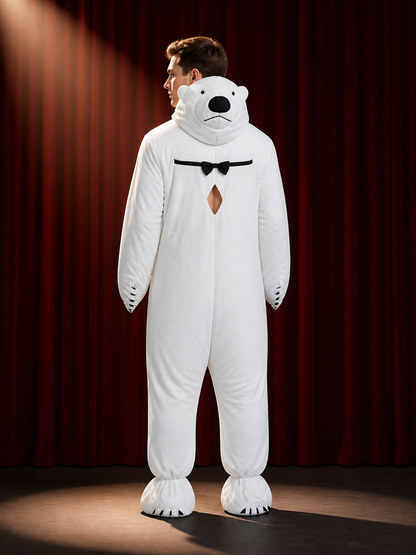 Adult Polar Bear Costume, White Animal Onesie with Black Bow Tie, Halloween back view