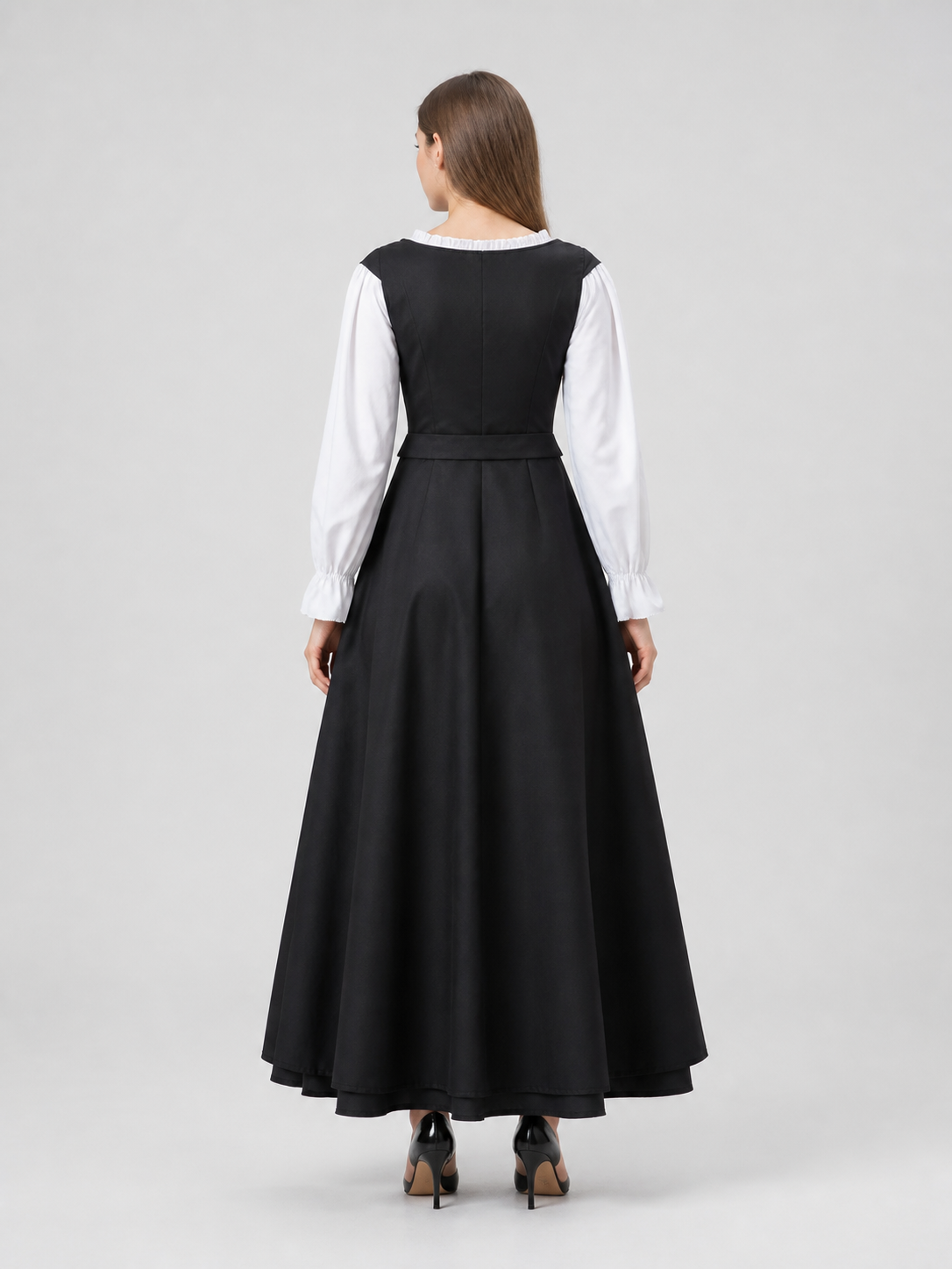 Historical Costume: Long Black Dress with Lace-Up Detail back view
