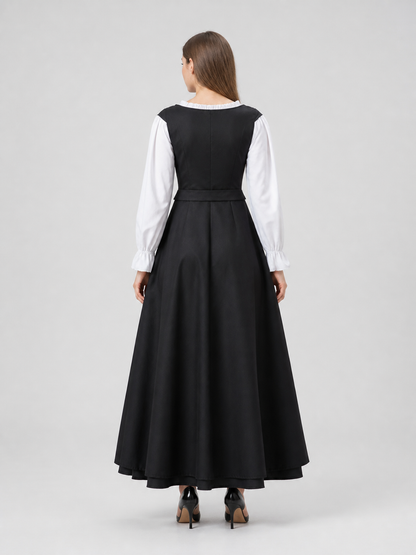 Historical Costume: Long Black Dress with Lace-Up Detail back view
