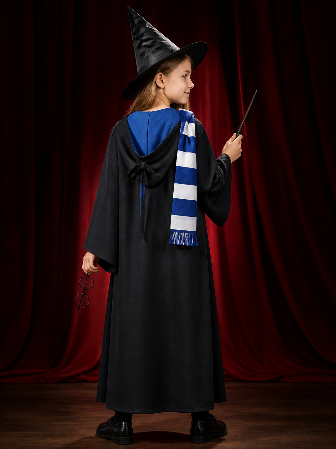Wizard Costume Set, Six-Piece Hooded Robe Cosplay Outfit With Hat, Scarf, Tie back view