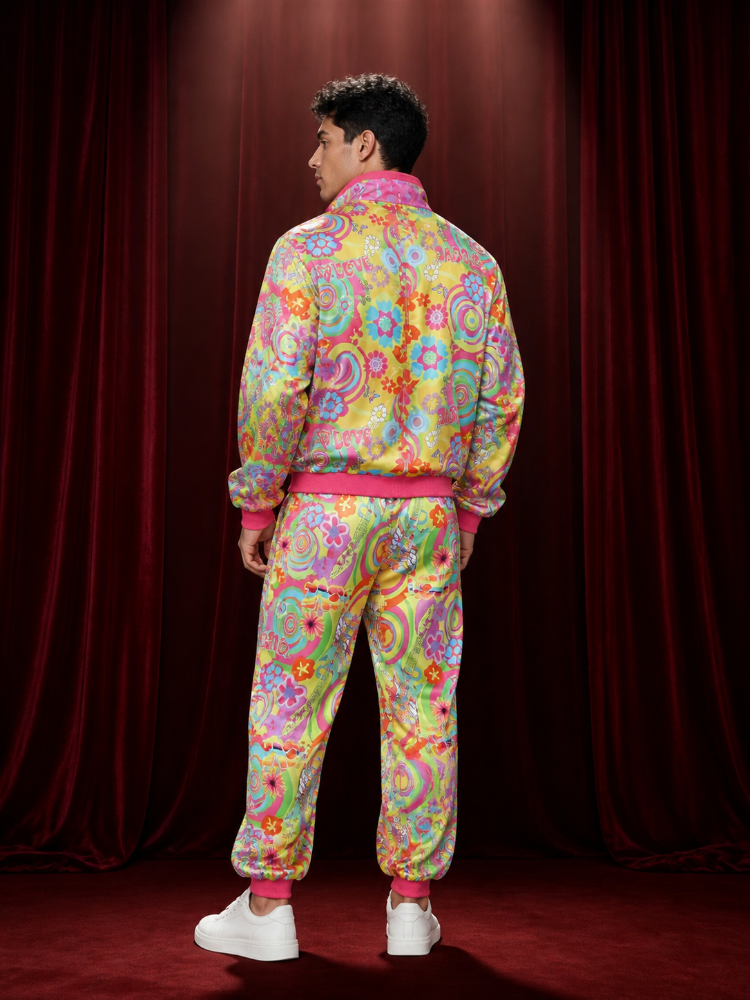 Retro 70s Disco Jumpsuit Costume, Colorful Floral Print, Zip Front, Stand Collar back view