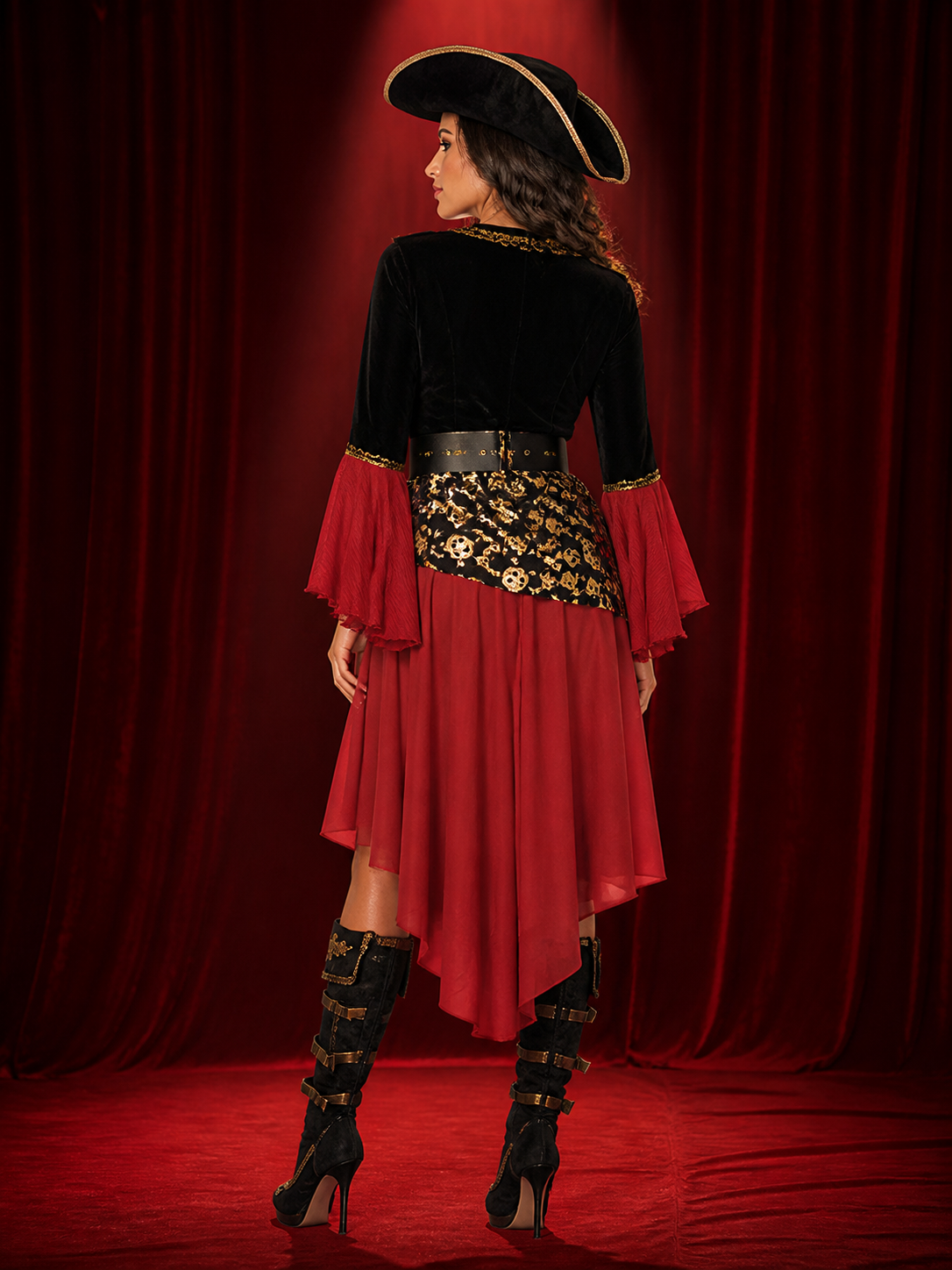 Women's Pirate Costume Dress Set, Red Black Gold, Lace-Up, Hat and Belt back view
