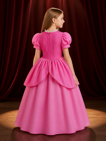 Girls Pink Princess Costume Dress With Lace Collar And Layered Skirt back view