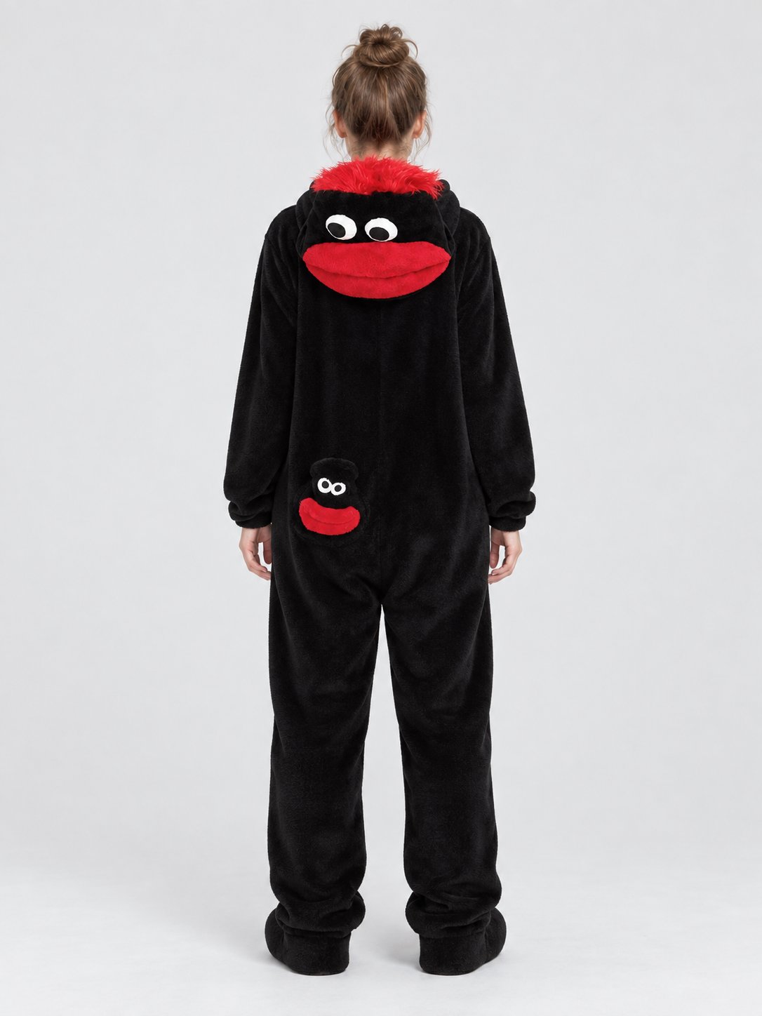 Black Coral Fleece Pajama Jumpsuit with Appliqué