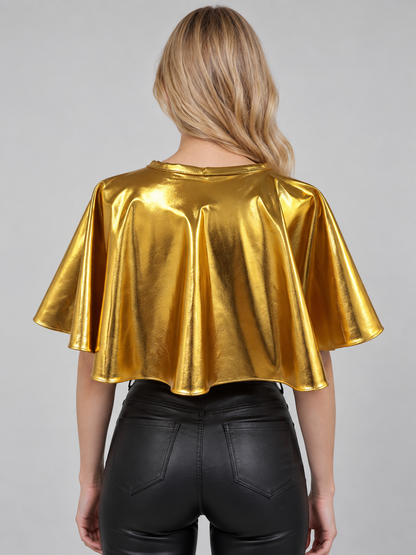 Short gold-tone faux leather cape with ties
