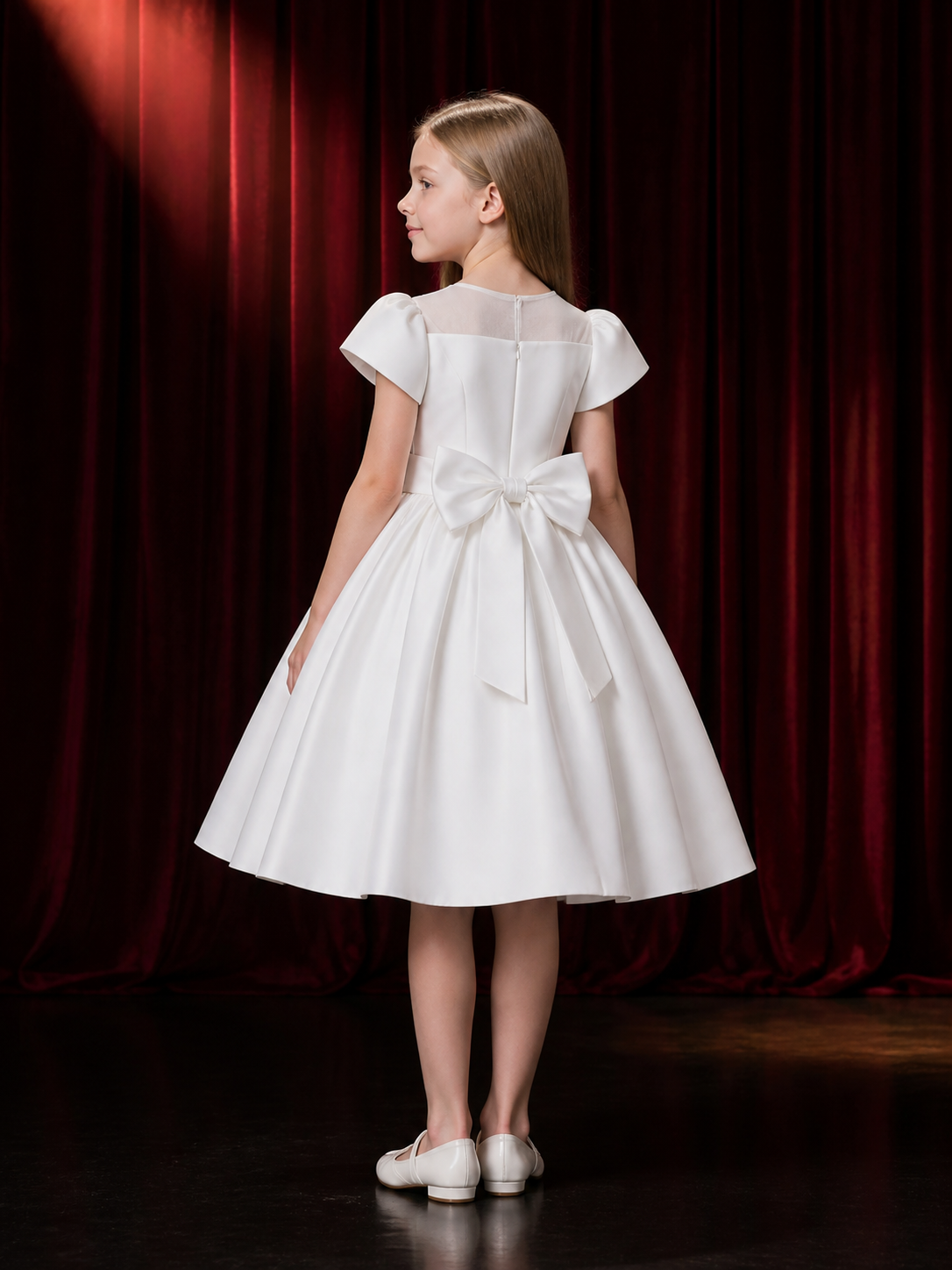 Girls' White Princess Dress, Short Sleeve Pleated Full-Skirt Formal Dress