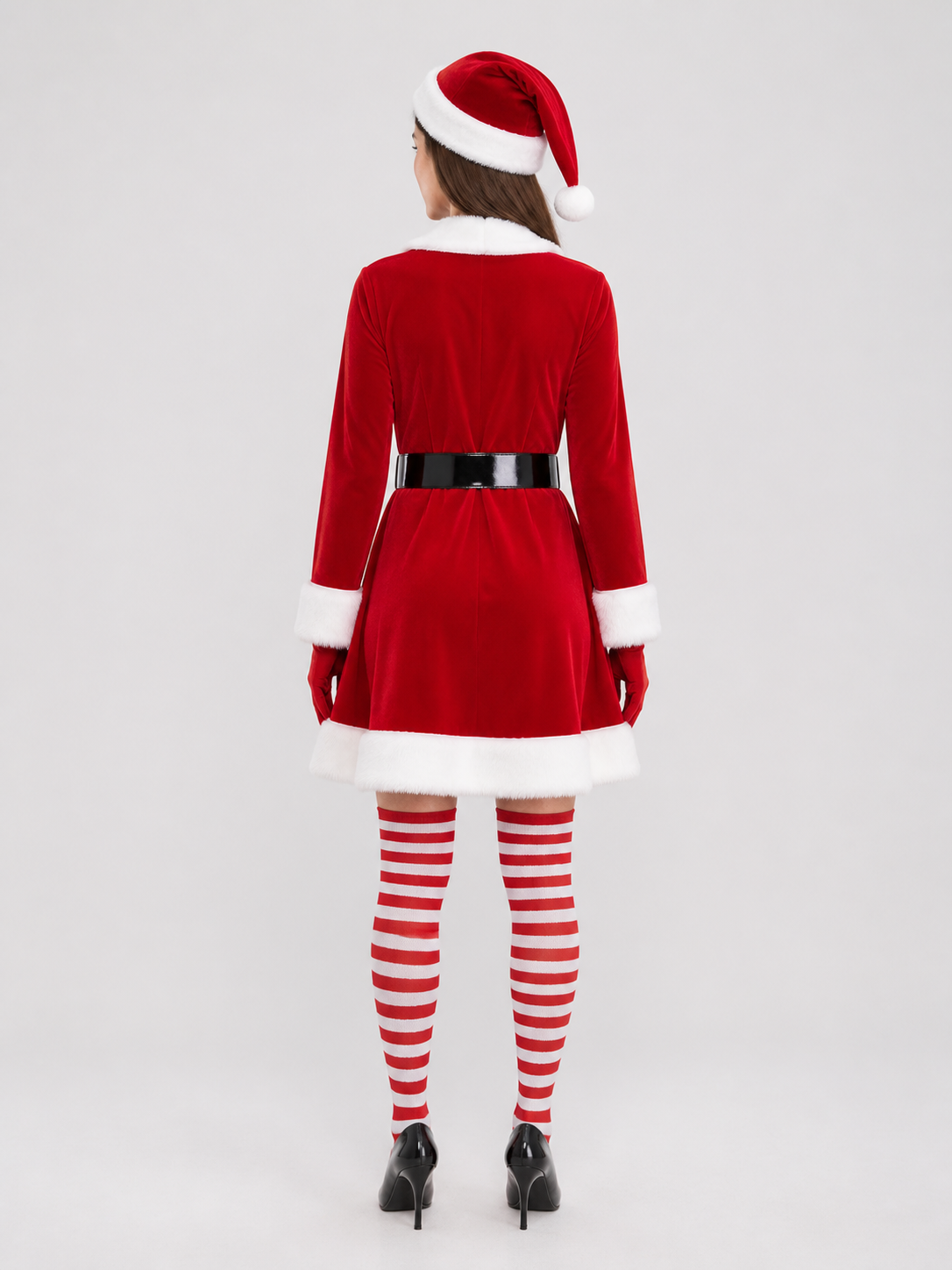 Christmas dress with hat, belt, gloves, and socks back view